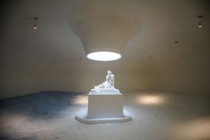 [Daniel Arsham][0], _Quartz Eroded Nymph with a Shell_ (2021). White quartz, selenite, hydrostone. 75 x 66 x 58 cm. Courtesy the artist, Perrotin, and UCCA Center for Contemporary Art.


[0]: https://ocula.com/artists/daniel-arsham/